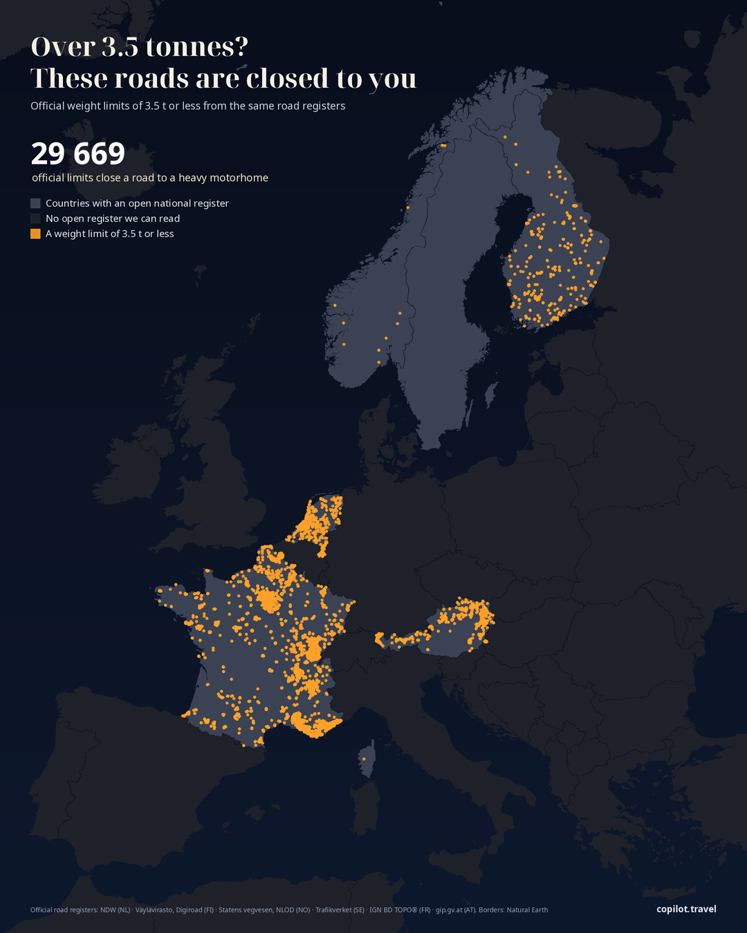 Map of Europe: 29 669 official weight limits of 3.5 t or less, mostly in France and Austria.